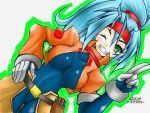  1girl ashe_(rockman) blue_hair blush bodysuit breasts cowboy_shot cropped_jacket dojyo5963 dutch_angle gloves green_eyes hair_between_eyes hand_on_hip headband high_ponytail long_hair looking_at_viewer medium_breasts one_eye_closed ponytail rockman rockman_zx rockman_zx_advent salute signature simple_background smile solo teeth two-finger_salute 
