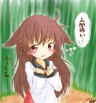  1girl animal_ears brown_hair dress ears_down highres imaizumi_kagerou kuranabe long_hair long_sleeves open_mouth red_eyes scared thought_bubble touhou translated trembling wolf_ears younger 
