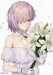  1girl bouquet bow breasts choker cleavage closed_mouth collarbone dress fate/grand_order fate_(series) flower gloves hair_flower hair_ornament hair_over_one_eye holding holding_bouquet lily_(flower) looking_at_viewer mash_kyrielight medium_breasts off-shoulder_dress off_shoulder purple_bow ribbon ribbon_choker short_hair silver_hair smile solo sparkle twitter_username upper_body violet_eyes white_background white_dress white_flower white_gloves white_ribbon you06 