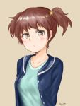  1girl alisa_(girls_und_panzer) arms_behind_back artist_name bangs beige_background blue_jacket boxreeema brown_eyes brown_hair casual closed_mouth dated eyebrows_visible_through_hair freckles frown girls_und_panzer green_shirt hair_ornament highres jacket light_blue_hair long_sleeves looking_at_viewer open_clothes open_jacket shirt short_hair short_twintails simple_background solo star star_hair_ornament twintails upper_body 