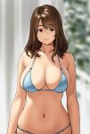  1girl arms_at_sides bikini blue_bikini blurry blurry_background breasts brown_hair cleavage closed_mouth depth_of_field expressionless eyebrows_visible_through_hair highres houtengeki large_breasts looking_at_viewer medium_hair navel original red_eyes sidelocks solo string_bikini swimsuit 