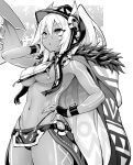  1girl armpits azur_lane back bangs bodypaint breasts cape commentary_request dark_skin eyebrows_visible_through_hair facial_mark gloves greyscale hair_between_eyes hand_on_hip high_ponytail highleg highleg_panties highres hood hood_down hooded_cape hori_(hori_no_su) long_hair medium_breasts midriff minneapolis_(azur_lane) monochrome native_american navel official_art open_mouth panties ponytail revealing_clothes solo thong under_boob underwear very_long_hair 