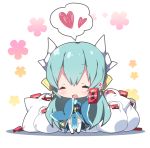  1girl :d ^_^ bag bangs black_footwear blue_kimono blush box chibi closed_eyes closed_eyes commentary_request dragon_horns eyebrows_visible_through_hair facing_viewer fate/grand_order fate_(series) green_hair heart holding holding_box horns japanese_clothes kimono kiyohime_(fate/grand_order) long_hair long_sleeves milkpanda open_mouth plastic_bag shadow shopping_bag sleeves_past_fingers sleeves_past_wrists smile solo spoken_heart standing thigh-highs very_long_hair white_background white_legwear wide_sleeves 