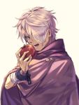  1boy apple food fruit gloves green_eyes hair_over_one_eye highres male_focus octopath_traveler open_mouth scarf short_hair simple_background smile solo st_beans_lal therion_(octopath_traveler) 