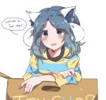  1girl :3 animal_ears bangs blush box caramell0501 cardboard_box cat_ears dog_ears english green_eyes grey_hair leaning_forward looking_at_viewer open_mouth personification shirt shop sidelocks simple_background solo striped striped_shirt temmie undertale white_background 