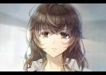  1girl bangs blush brown_eyes brown_hair collared_shirt commentary_request eyebrows_visible_through_hair hair_between_eyes head_tilt highres letterboxed long_hair looking_at_viewer messy_hair mono_lith original parted_lips portrait shirt sidelocks solo white_shirt 