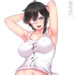  1girl armpits arms_up black_hair breasts commentary_request covered_nipples green_eyes long_hair looking_at_viewer medium_breasts midriff minori_yumeko minori_yumeko_(character) navel one_eye_covered shu-mai smile solo translation_request virtual_youtuber 