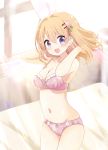  1girl :d bangs bare_arms bare_shoulders bed_sheet blonde_hair blush bow bow_bra bow_panties bra breasts cleavage collarbone commentary_request cowboy_shot curtains day eyebrows_visible_through_hair fingernails gochuumon_wa_usagi_desu_ka? hair_between_eyes hair_ornament hairclip hands_in_hair hands_up hoto_cocoa indoors long_hair looking_at_viewer massala medium_breasts navel open_mouth panties pink_bra pink_panties smile solo standing stomach sunlight underwear underwear_only violet_eyes window 