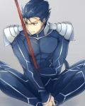  1boy blue_bodysuit blue_hair bodysuit cis05 earrings fate/stay_night fate_(series) gae_bolg grey_background holding holding_spear holding_weapon indian_style jewelry lancer looking_to_the_side male_focus polearm red_eyes shoulder_armor simple_background sitting solo spaulders spear weapon 