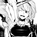  1girl absurdres armor blush breasts cete_(controllingtime) greyscale happy highres jewelry kirin_(armor) kirin_(monster_hunter) monochrome monster_hunter monster_hunter:_world necklace one_eye_closed open_mouth short_hair smile solo 