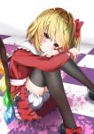  1girl absurdres adapted_costume ambiguous_red_liquid bangs black_bow black_footwear black_legwear blonde_hair bloomers blush bow checkered checkered_floor closed_mouth crystal eyebrows_visible_through_hair flandre_scarlet frills garaudon hair_ribbon head_rest head_tilt highres knees_up long_sleeves looking_at_viewer miniskirt one_side_up red_bow red_eyes red_ribbon red_shirt red_skirt ribbon ringed_eyes sash shirt shoe_bow shoes sitting skirt skirt_set solo thigh-highs touhou underwear white_background wings 