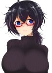  1girl black_eyes black_hair black_sweater blush breasts casual closed_mouth commentary_request eyebrows_visible_through_hair flying_sweatdrops girls_und_panzer glasses han_(jackpot) large_breasts looking_at_viewer messy_hair oryou_(girls_und_panzer) red-framed_eyewear ribbed_sweater semi-rimless_eyewear short_hair short_ponytail simple_background smile solo sweater turtleneck turtleneck_sweater under-rim_eyewear upper_body white_background 