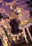 1boy 1girl atelier_(series) atelier_escha_&amp;_logy awin_sidelet black_pants blonde_hair blue_shirt boots brown_gloves brown_hair brown_vest clouds collared_shirt detached_sleeves dress evening gloves goggles goggles_around_neck hat highres holding holding_paper karasumi_(aiseec) lucille_ernella open_mouth outdoors pants paper puffy_pants shirt shoes short_hair sky smile socks vest white_socks yellow_dress yellow_eyes 