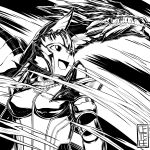  1girl absurdres armor breasts cete_(controllingtime) greyscale happy highres kushala_daora kushala_daora_(armor) monochrome monster_hunter monster_hunter:_world open_mouth solo 