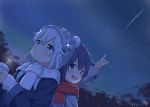  2girls :d akatsuki_(kantai_collection) alternate_costume blue_eyes blush grey_hat hair_between_eyes hat hibiki_(kantai_collection) highres kantai_collection long_hair long_sleeves miko_fly multiple_girls night night_sky open_mouth parted_lips pointing purple_hair red_scarf scarf signature silver_hair sky smile star_(sky) violet_eyes white_scarf winter_clothes 
