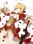  1girl ahoge blonde_hair braided_bun breasts cleavage dress eyebrows_visible_through_hair fate/extra fate_(series) green_eyes hair_between_eyes hair_ribbon hand_on_hilt medium_breasts nero_claudius_(fate) nero_claudius_(fate)_(all) petals red_ribbon ribbon see-through shiny shiny_hair shrug sideboob sidelocks smile solo sword weapon white_background you06 