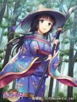  1girl black_eyes black_hair blue_kimono breasts company copyright_request day floral_print hat holding holding_weapon japanese_clothes kimono large_breasts looking_at_viewer naginata official_art open_mouth outdoors polearm solo standing sun_hat tassel tree watermark weapon wide_sleeves yamyom 