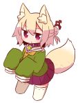  1girl animal_ear_fluff animal_ears bangs bell bell_collar blonde_hair blush brown_collar collar cropped_legs eyebrows_visible_through_hair fox_ears fox_girl fox_tail green_shirt hair_between_eyes hair_bun hair_ornament hands_up highres jingle_bell kemomimi-chan_(naga_u) long_hair long_sleeves looking_at_viewer naga_u orange_neckwear original parted_lips pleated_skirt purple_skirt red_eyes ribbon-trimmed_legwear ribbon_trim sailor_collar school_uniform serafuku shirt sidelocks simple_background skirt sleeves_past_fingers sleeves_past_wrists solo tail thigh-highs white_background white_legwear white_sailor_collar 