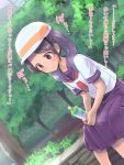  1girl black_hair blue_skirt bottle commentary_request crying crying_with_eyes_open helmet highres ishii_(isuwie) long_hair original outdoors school_uniform serafuku shirt sitting sitting_on_wall skirt solo tears translation_request tree twintails violet_eyes wall white_shirt 