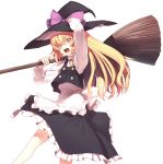  1girl :d apron arm_up bangs black_hat black_skirt black_vest blonde_hair bow braid broom commentary_request eyebrows_visible_through_hair feet_out_of_frame frilled_apron frills hair_between_eyes hair_bow hat hat_bow holding holding_broom kaiza_(rider000) kirisame_marisa long_hair long_sleeves looking_at_viewer open_mouth petticoat pointing pointing_at_self purple_bow shirt simple_background single_braid skirt skirt_set smile solo touhou vest waist_apron white_apron white_background white_shirt yellow_eyes 