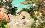  2girls animal_ears blonde_hair bow bowtie commentary_request common_raccoon_(kemono_friends) elbow_gloves eyebrows_visible_through_hair fang fennec_(kemono_friends) flower foliage fox_ears fox_tail fur_collar fur_trim gloves grey_hair kemono_friends konabetate lying multicolored_hair multiple_girls on_stomach one_eye_closed open_mouth pantyhose pleated_skirt puffy_short_sleeves puffy_sleeves raccoon_ears raccoon_tail running short_hair short_sleeves skirt tail thigh-highs 