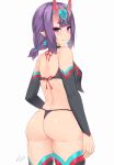  1girl ass bangs blue_earrings closed_mouth earrings eyebrows_visible_through_hair fate/grand_order fate_(series) from_behind heart heart-shaped_pupils highres horns jewelry kuavera looking_at_viewer looking_back oni oni_horns pointy_ears purple_hair short_hair shuten_douji_(fate/grand_order) shuten_douji_(halloween)_(fate) signature simple_background smile solo symbol-shaped_pupils thigh-highs violet_eyes white_background 