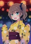  1girl :d ahoge bangs blue_eyes blush brown_hair commentary_request eyebrows_visible_through_hair festival hair_ornament hair_scrunchie hololive japanese_clothes kimono long_hair long_sleeves looking_at_viewer minamura_haruki natsuiro_matsuri obi open_mouth sash scrunchie side_ponytail sleeves_past_wrists smile solo upper_body virtual_youtuber yellow_kimono yukata 