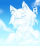  1girl animal_ear_fluff animal_ears bangs bell bell_collar blue_sky clouds cloudy_sky collar day eyebrows_visible_through_hair fox_ears hair_between_eyes hair_bun hair_ornament jingle_bell jitome kemomimi-chan_(naga_u) long_hair long_sleeves looking_at_viewer naga_u necktie original outdoors shirt sidelocks sky sleeves_past_fingers sleeves_past_wrists solo 