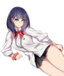  1girl arm_support black_hair blue_eyes breasts cardigan commentary_request hevn highres long_hair looking_at_viewer simple_background skirt solo ssss.gridman takarada_rikka thick_thighs thighs white_background 