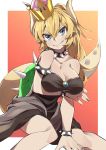  1girl absurdres armlet bare_shoulders blonde_hair blue_earrings blue_eyes bowsette bracelet breasts cleavage collar collarbone crown earrings eyebrows eyebrows_visible_through_hair fang highres horns jewelry kamekiti large_breasts lizard_tail looking_at_viewer super_mario_bros. new_super_mario_bros._u_deluxe nintendo pointy_ears ponytail short_hair solo spiked_armlet spiked_bracelet spiked_collar spikes super_crown tail 