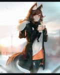  1girl alternate_costume animal_ears bangs black_jacket black_pants blurry blurry_background brown_hair casual cowboy_shot cup ehrrr hands_up highres holding holding_cup hood hooded_jacket imaizumi_kagerou jacket long_hair long_sleeves looking_at_viewer open_clothes open_jacket outdoors pants pocket pom_pom_(clothes) red_eyes red_shirt shirt solo standing tail torn_clothes torn_legwear touhou white_shirt wolf_ears wolf_tail zipper 