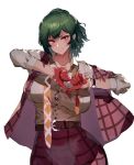  1girl bangs belt black_bra blood bloody_clothes bloody_hands bra bra_peek breasts button_gap buttons closed_mouth collarbone collared_shirt commentary_request dirty_clothes floating_hair green_hair hands_up head_tilt heart heart_hands highres kazami_yuuka kikimifukuri long_sleeves looking_at_viewer medium_hair necktie open_clothes open_vest partially_unbuttoned plaid plaid_skirt plaid_vest red_eyes red_skirt red_vest shirt sidelocks simple_background skirt skirt_set smile solo thumbs_down touhou underwear undone_necktie upper_body vest watch watch white_background white_shirt 