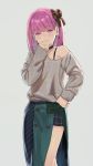  1girl blush bow casual fate/grand_order fate_(series) hair_bow hand_on_hip helena_blavatsky_(fate/grand_order) kerorira looking_at_viewer off_shoulder purple_hair short_hair skirt sweater violet_eyes 