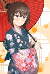  1girl alternate_costume bangs boxreeema brown_eyes brown_hair closed_mouth commentary floral_print girls_und_panzer holding holding_umbrella japanese_clothes kimono light_blush light_frown long_sleeves looking_at_viewer nishizumi_maho obi orange_background oriental_umbrella print_kimono sash short_hair solo standing umbrella wide_sleeves 