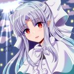  1girl 2017 bangs bow capelet dated dot_zip eyebrows_visible_through_hair floating_hair fur_trim hair_bow long_hair melty_blood neck_ribbon pointy_ears red_eyes ribbon shiny shiny_hair silver_hair solo tsukihime upper_body white_bow white_capelet white_len white_ribbon 