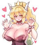  1girl bangs bare_shoulders blonde_hair blue_earrings blush bowsette bracelet breasts cleavage collar collarbone crown ditienan_ddn dress earrings eyebrows_visible_through_hair fingernails green_eyes hands_up heart horns huge_breasts jewelry long_hair looking_at_viewer super_mario_bros. new_super_mario_bros._u_deluxe nintendo pointy_ears saliva sharp_fingernails simple_background solo spiked_armlet spiked_bracelet spiked_collar spiked_shell spikes strapless strapless_dress sweat turtle_shell upper_body white_background 