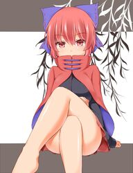  1girl blush breasts cape commentary_request garasuita high_collar large_breasts legs_crossed looking_at_viewer miniskirt red_cape red_eyes redhead sekibanki short_hair sitting skirt solo thighs touhou 