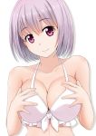  1girl bikini breasts cleavage commentary_request frilled_bikini frilled_bikini_top frills front-tie_top fuuma_nagi large_breasts lavender_hair looking_at_viewer shinjou_akane short_hair simple_background smile solo ssss.gridman swimsuit upper_body violet_eyes white_background white_bikini 