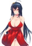  1girl ahoge azur_lane black_hair breasts choker cleavage dress eyebrows_visible_through_hair hair_between_eyes hair_ornament huge_breasts kuavera long_hair looking_at_viewer red_choker red_dress red_eyes signature simple_background sketch smile solo taihou_(azur_lane) thigh_gap white_background 