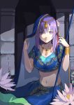  1girl bracelet fate/grand_order fate_(series) flower hair_flower hair_ornament hair_ribbon highres indian_clothes jewelry long_skirt lotus matou_sakura midriff navel necklace parvati_(fate/grand_order) polearm purple_hair ribbon skirt spear violet_eyes weapon 