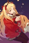  1girl :d black_legwear blonde_hair bow cis05 coat diadem eyebrows_visible_through_hair fate/grand_order fate_(series) from_above grey_skirt hair_bow ishtar_(fate/grand_order) long_hair miniskirt open_mouth pantyhose pleated_skirt red_bow red_coat red_eyes scarf sitting skirt smile solo star twintails very_long_hair winter_clothes 
