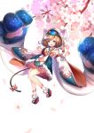  :o absurdres animal_hood bell blue_skirt breasts brown_hair cat_hood cat_tail detached_sleeves flower full_body futakuchi-onna highres hood jewelry jingle_bell looking_at_viewer necklace onmyoji paw_pose pink_skirt pom_pom_(clothes) red_footwear shio_(7203802) short_hair skirt small_breasts tail tail_bell violet_eyes white_background white_legwear wide_sleeves 