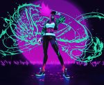  1girl absurdres akali asymmetrical_legwear baseball_cap bodypaint breasts crop_top cropped_jacket dragon facial_mark gang_g glowing hat hat_tip highres idol inverted_colors k/da_(league_of_legends) k/da_akali league_of_legends long_sleeves looking_at_viewer midriff navel pants pink_hair shoes sneakers solo spray_can standing yellow_eyes 