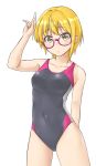  1girl aimobake bespectacled black_swimsuit blonde_hair collarbone competition_swimsuit cowboy_shot glasses idolmaster idolmaster_cinderella_girls looking_at_viewer miyamoto_frederica one-piece_swimsuit pink-framed_eyewear short_hair simple_background solo standing swimsuit white_background yellow_eyes 