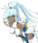  1girl blue_eyes blue_hair blush breasts dark_skin dolling60883582 large_breasts long_hair looking_at_viewer nintendo polearm ponytail simple_background smile solo tokiha_(xenoblade) weapon white_background white_hair xenoblade_(series) xenoblade_2 