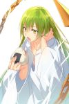  1boy androgynous chains cis05 collarbone enkidu_(fate/strange_fake) eyebrows_visible_through_hair fate/strange_fake fate_(series) food green_hair hair_between_eyes hand_in_hair holding holding_food long_hair male_focus open_mouth simple_background solo trap very_long_hair white_background yellow_eyes 