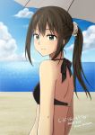  1girl 2018 beach black_bikini_top blue_sky brown_hair clouds day eyebrows_visible_through_hair green_eyes hair_between_eyes hair_ornament highres idolmaster idolmaster_cinderella_girls long_hair ocean outdoors parted_lips ponytail setu_kurokawa shibuya_rin sidelocks sky solo twitter_username upper_body 