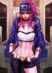  1girl abs absurdres akali asymmetrical_clothes bandeau bangle baseball_cap belt belt_buckle blue_eyes bracelet buckle choker commentary cropped_jacket english_commentary fingerless_gloves gloves hands_in_pockets hat highres idol jewelry k/da_(league_of_legends) k/da_akali league_of_legends lips looking_at_viewer midriff monori_rogue nail_polish navel necklace nose pants pink_hair ponytail purple_gloves single_pantsleg sleeves_pushed_up solo standing toned train_interior 