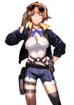  1girl ;) absurdres arm_up bangs belt black_belt black_jacket black_legwear blue_shorts breasts brown_gloves brown_hair brown_legwear commentary_request cowboy_shot eyebrows_visible_through_hair eyewear_on_head fixro2n girls_frontline gloves grizzly_mkv_(girls_frontline) hand_on_hip highres holster jacket large_breasts mismatched_legwear o-ring one_eye_closed open_clothes open_jacket shirt short_shorts shorts simple_background sketch smile solo sunglasses thigh-highs thigh_holster violet_eyes white_background white_shirt 