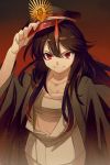  1girl black_coat black_hair black_hat cis05 fate/grand_order fate_(series) gradient gradient_background grey_kimono hair_between_eyes hat horn japanese_clothes kimono looking_at_viewer midriff military_hat navel oda_nobunaga_(fate) open_clothes open_kimono red_eyes sarashi shiny shiny_hair smile solo stomach 